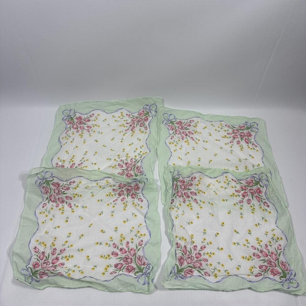 Vintage Womens Handkerchiefs Set of 4 Floral Pink Tulips Mint Green Hankies